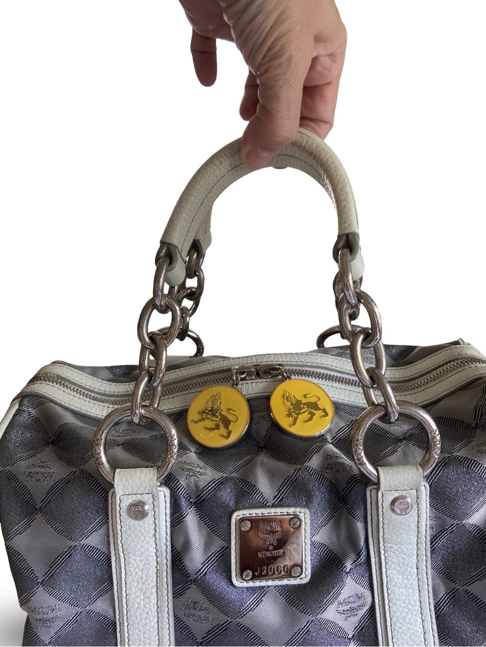 Authentic MCM Brown and Cream Monogram Satchel with Yellow Zip Pulls - Picture 3 of 15
